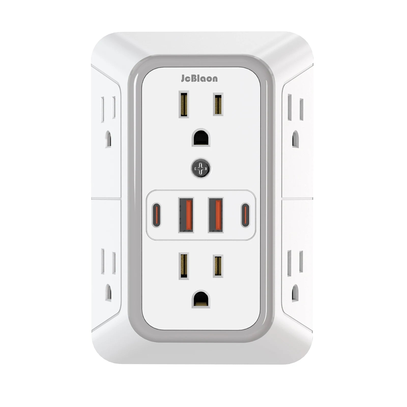 Ổ cắm điện trắng có nhiều lỗ cắm USB và ổ cắm điện xoay hai bên.