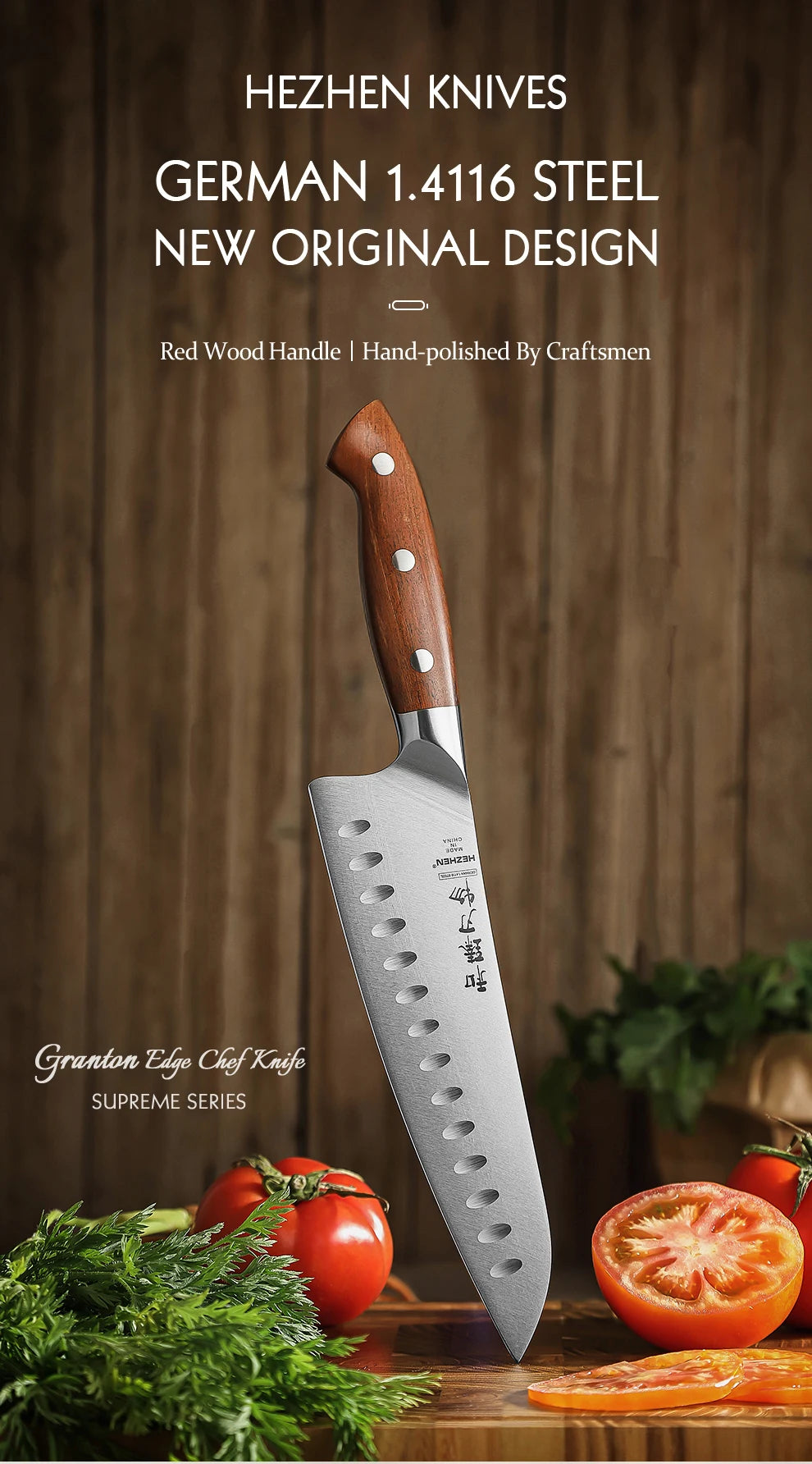HEZHEN Kitchen Knife 8.1 Steel Blade High Quality Red Wood Handle
