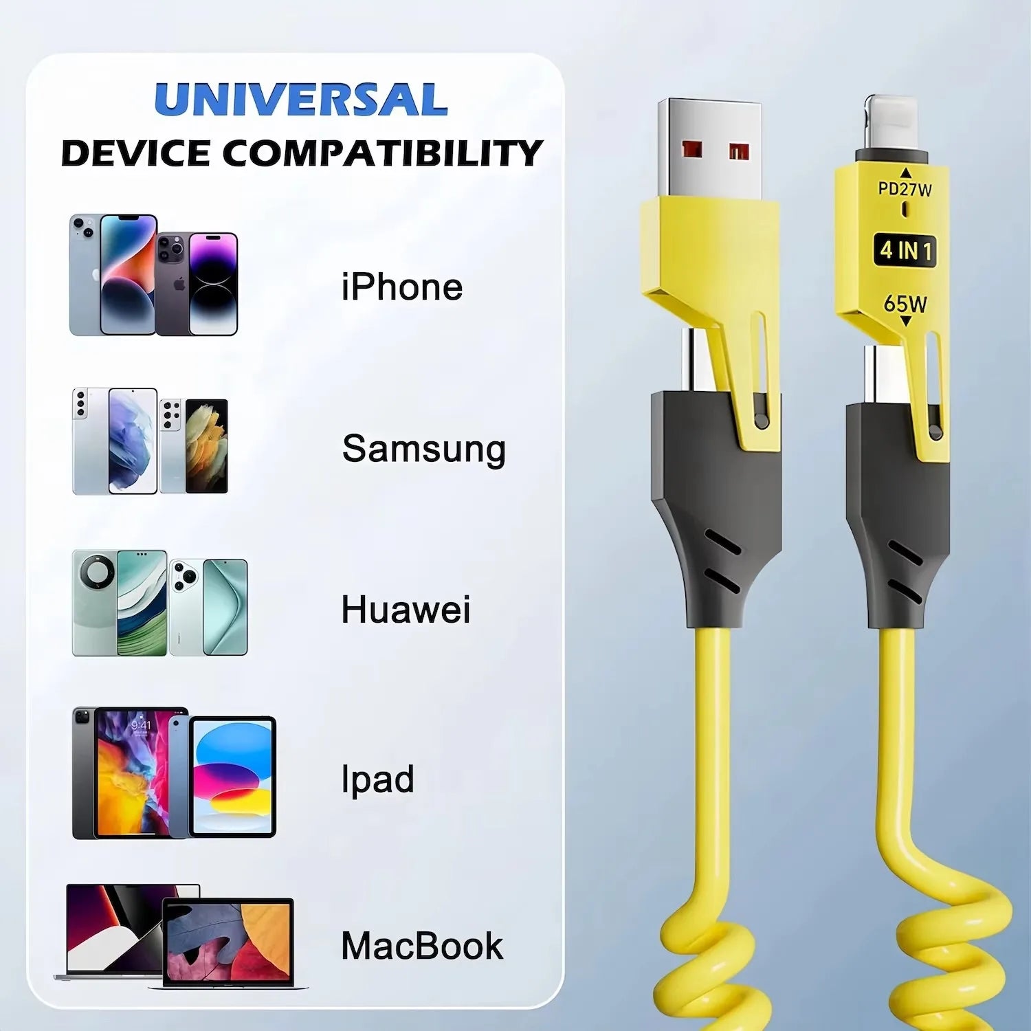 Cáp Sạc Nhanh 4in1 65W Lò Xo Đa Năng Cho Ô Tô