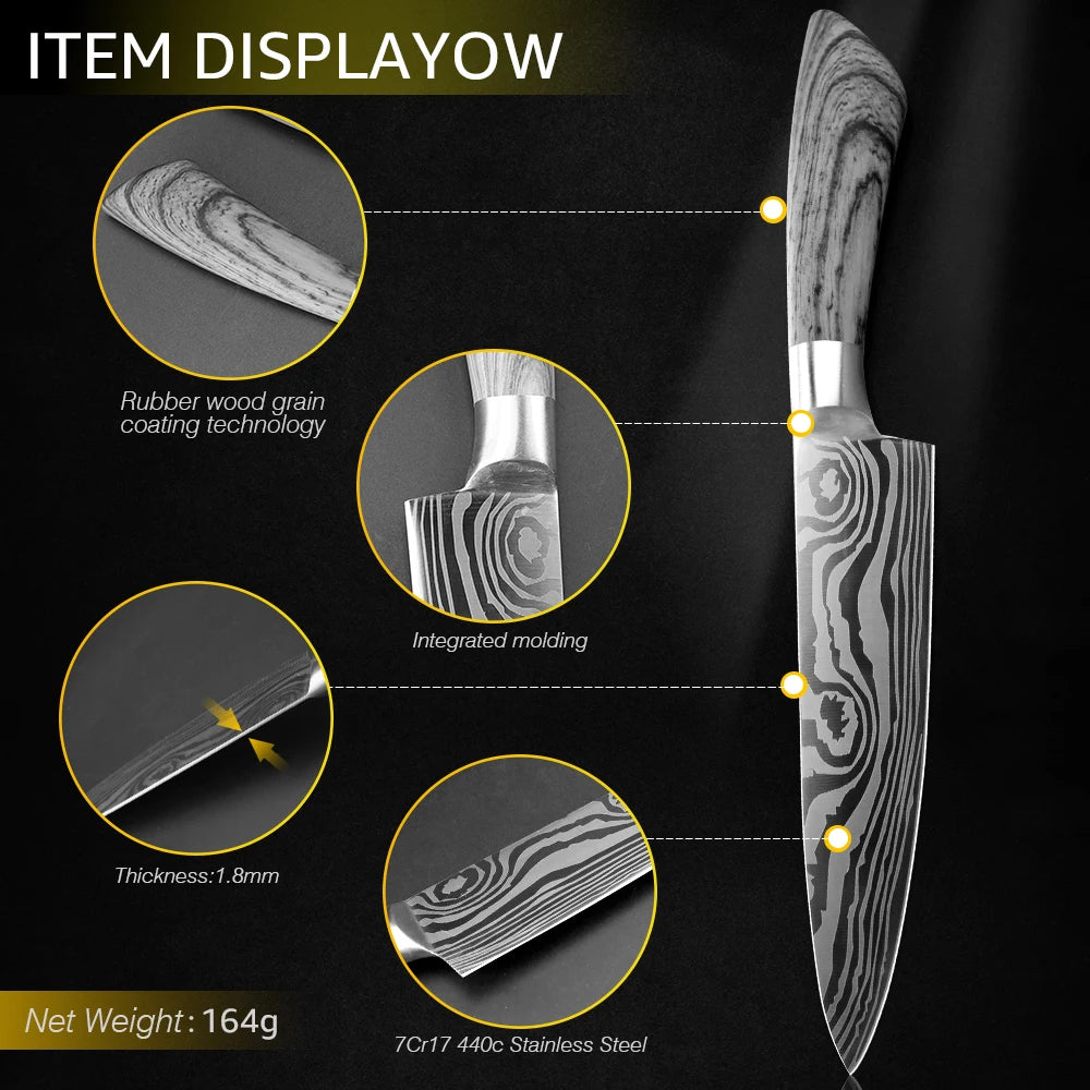 Bộ Dao Bếp Nhật Santoku 7Cr17 440C Vân Damascus