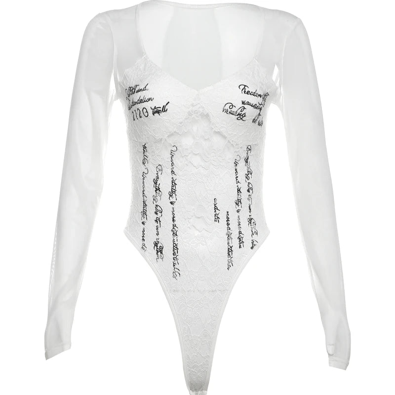 Nibber Lace up Woman Letter Print Bodysuits U Collar Hollow Out Long Sleeves Skinny Mesh Look Slimmer Korean Hottie Outfits