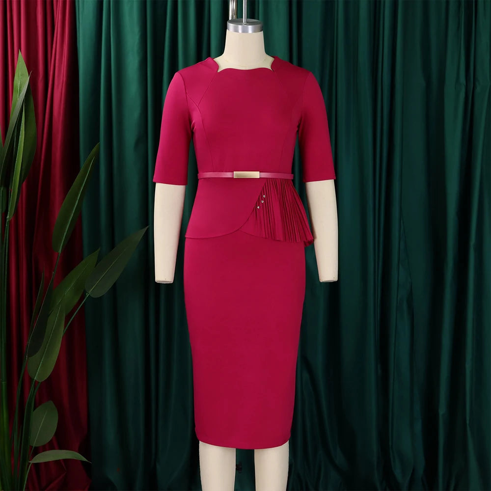 Office Dresses for Ladies 2024 Latest Summer Simple Elegant Half Sleeve Formal Church Dress Women Knee Length Pencil Peplum Dres - Daisan Mart