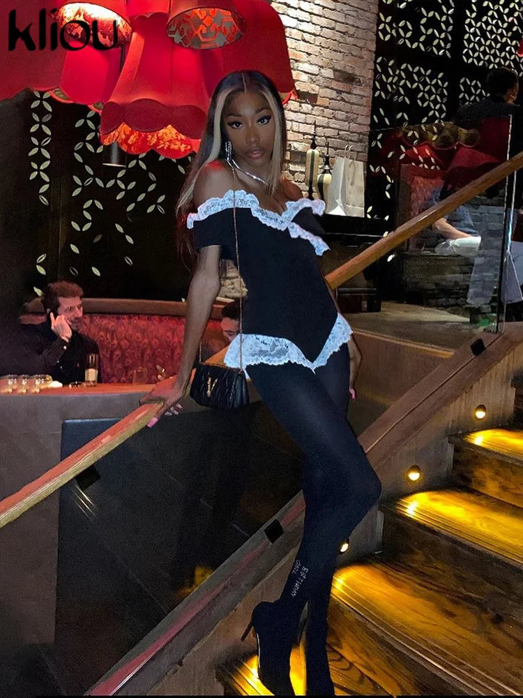 Kliou Women's Bodysuit Mesh Lace Off-the-Shoulder Fashion