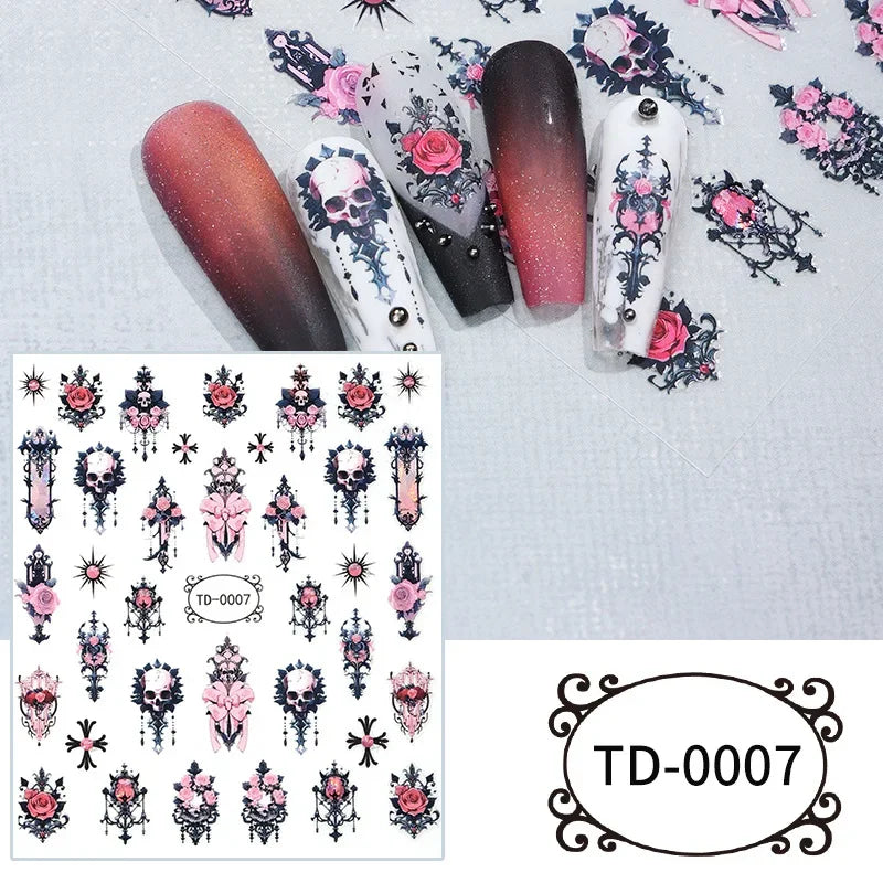 3D Black Purple Halloween Nail Stickers Gothic Skull Rose Butterfly Nail Decals for Festival Nail Decor Manicure Sliders