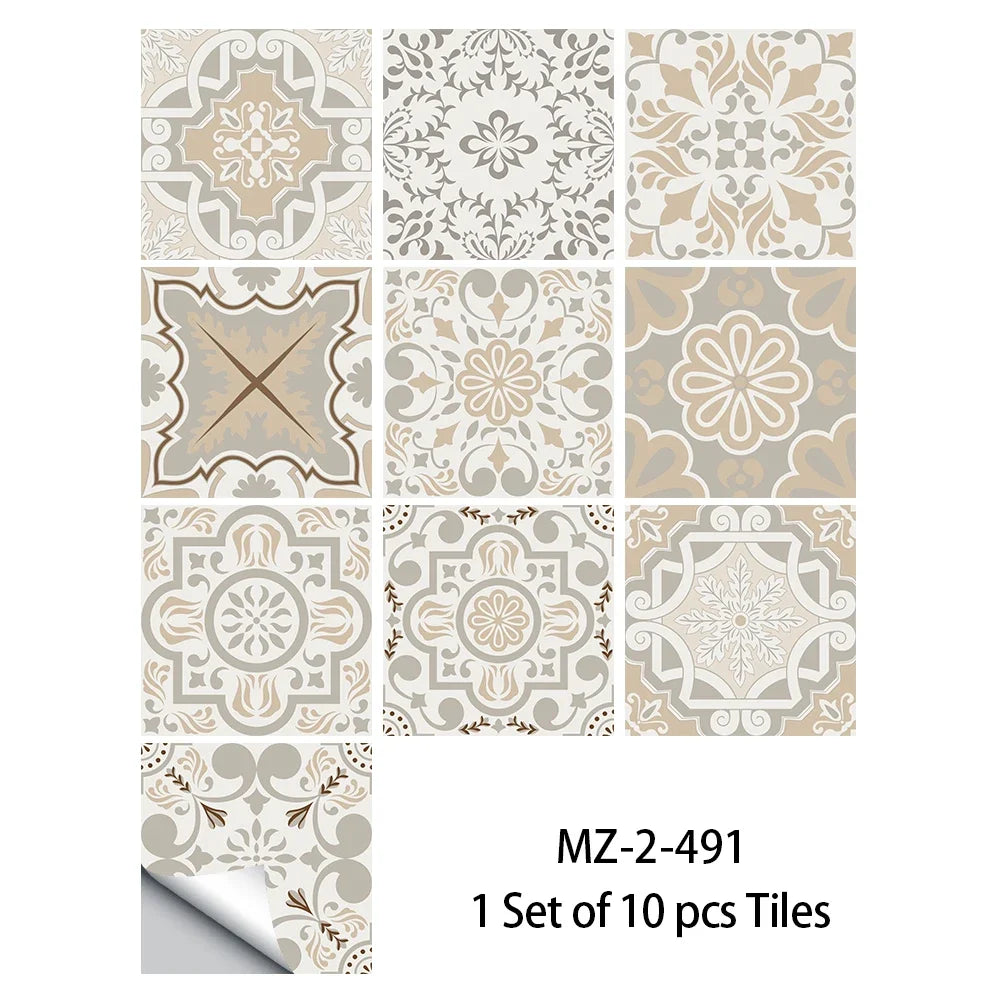 10pcs/set Portuguese Style Tiles Sticker Kitchen Backsplash Oil-proof Cupboard Washbasin Peel &amp; Stick Waterproof Art Wall Decals