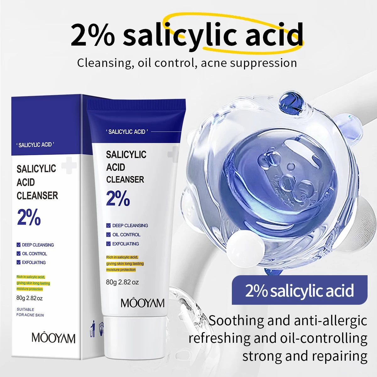 Salicylic Acid Facial Cleanser Acne Treatment Moisturizing Oil Control skincare Face Wash Foam Face Cleanser Skin Care