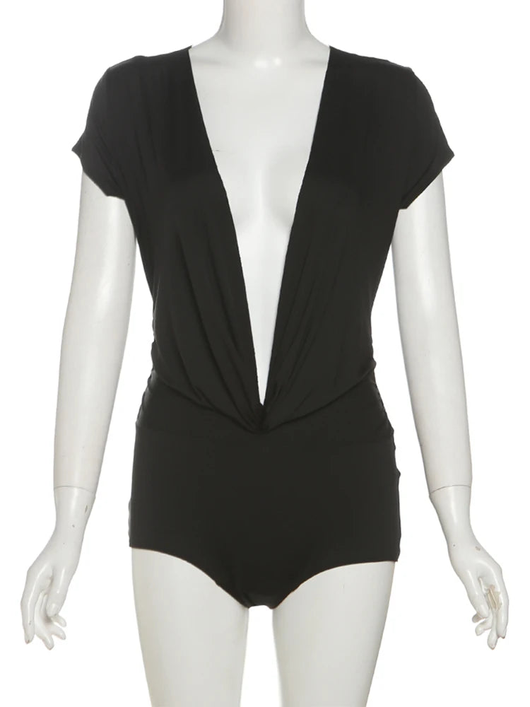 Nibber Deep v-Neck Bodysuits Women Folds Skinny High Elasticity Solid Simple Classic Sexy Midnight Summer Streetwear Outfits