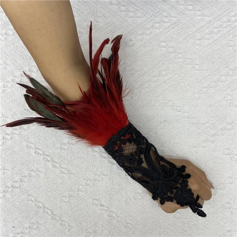 Mesh Gloves Women Halloween Lolita Cosplay Y2k Feather Cuffs Fingerless Mittens Lace Black Long Rave Accessories Feather Apparel - Daisan Mart