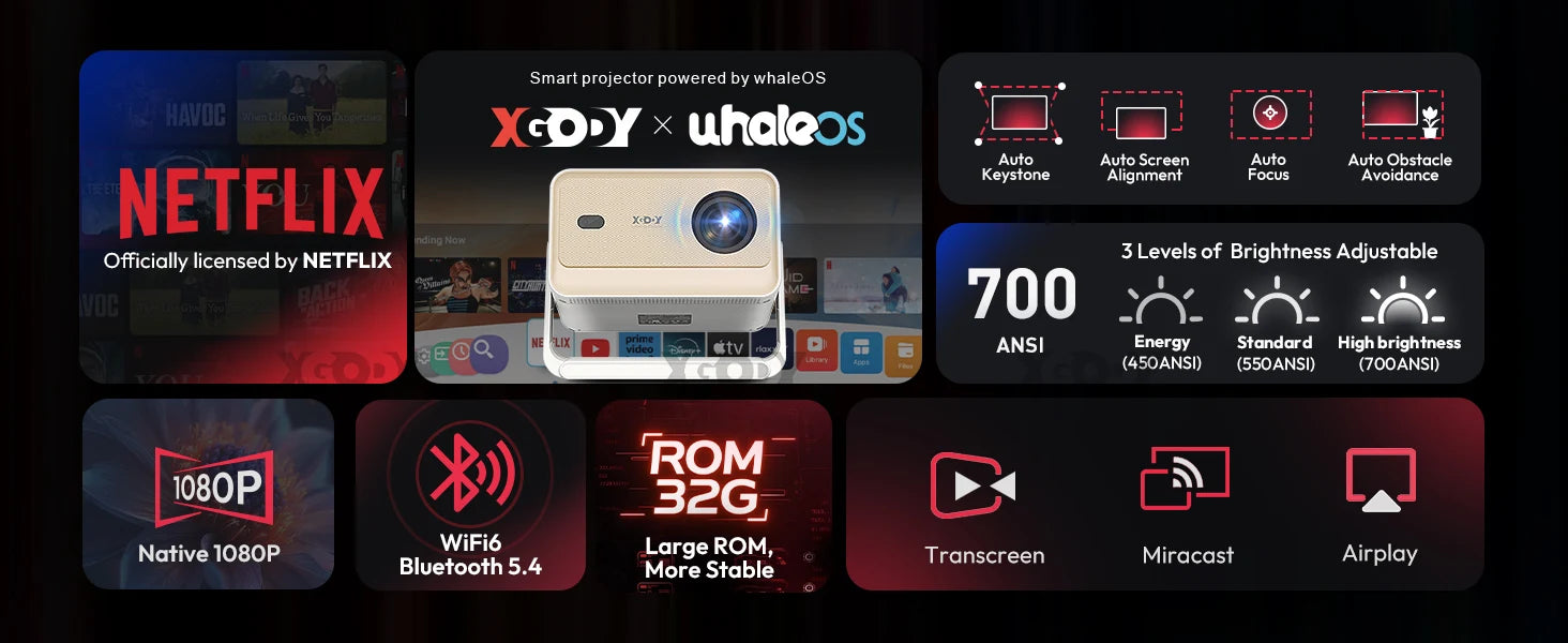 XGODY Gimbal N6 Pro 4K Projector Netflix Officially 700 Ansi Native 1080P Auto Focus Whale OS TV for Movie Home Theater - Daisan Mart