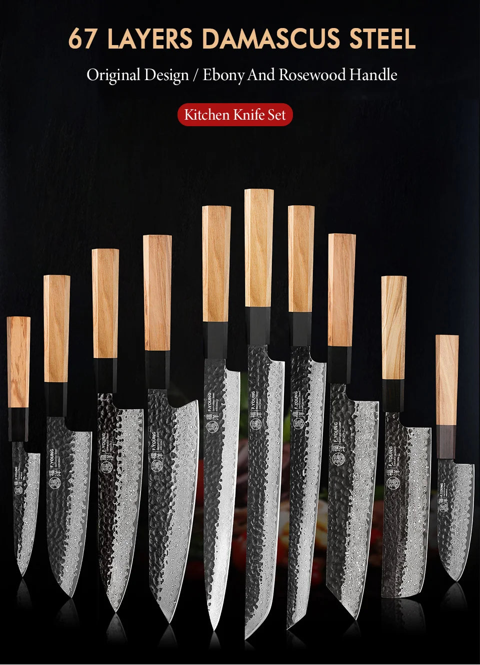 Dao Bếp Nhật F.YOUNG Rèn Tay Thép Damascus Cao Cấp