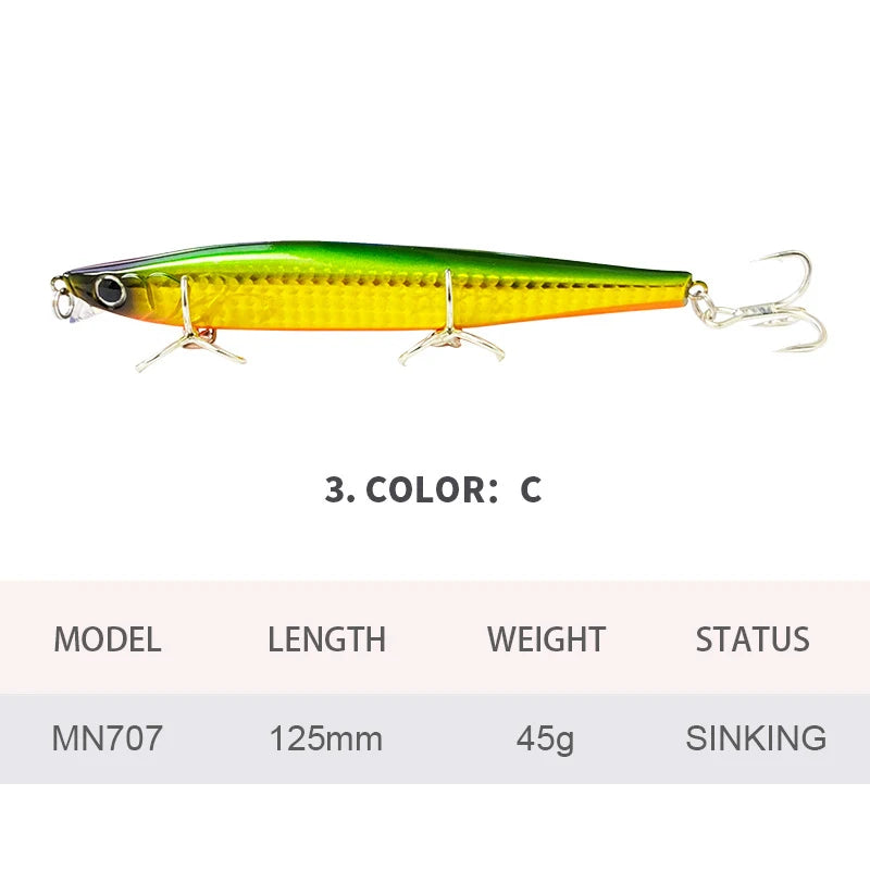 12.5cm 45g Fishing Lures Minnow Wobbler Long Casting Sinking Heavy Shot Artificial Hard Bait Fishing Accessories Decoy MN707