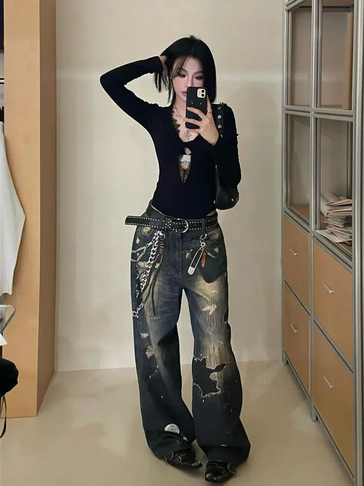 Gothic Black Lace Mesh Bodysuit for Women Y2K