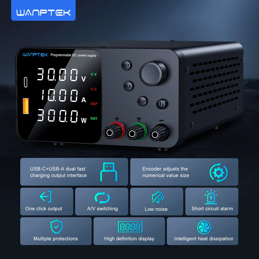 Wanptek Laboratory Power Supply Adjustable 30V 10A 60V 5A 120V 3A with USB Fast Charging Encoder Adjustment Lab DC Power Supply