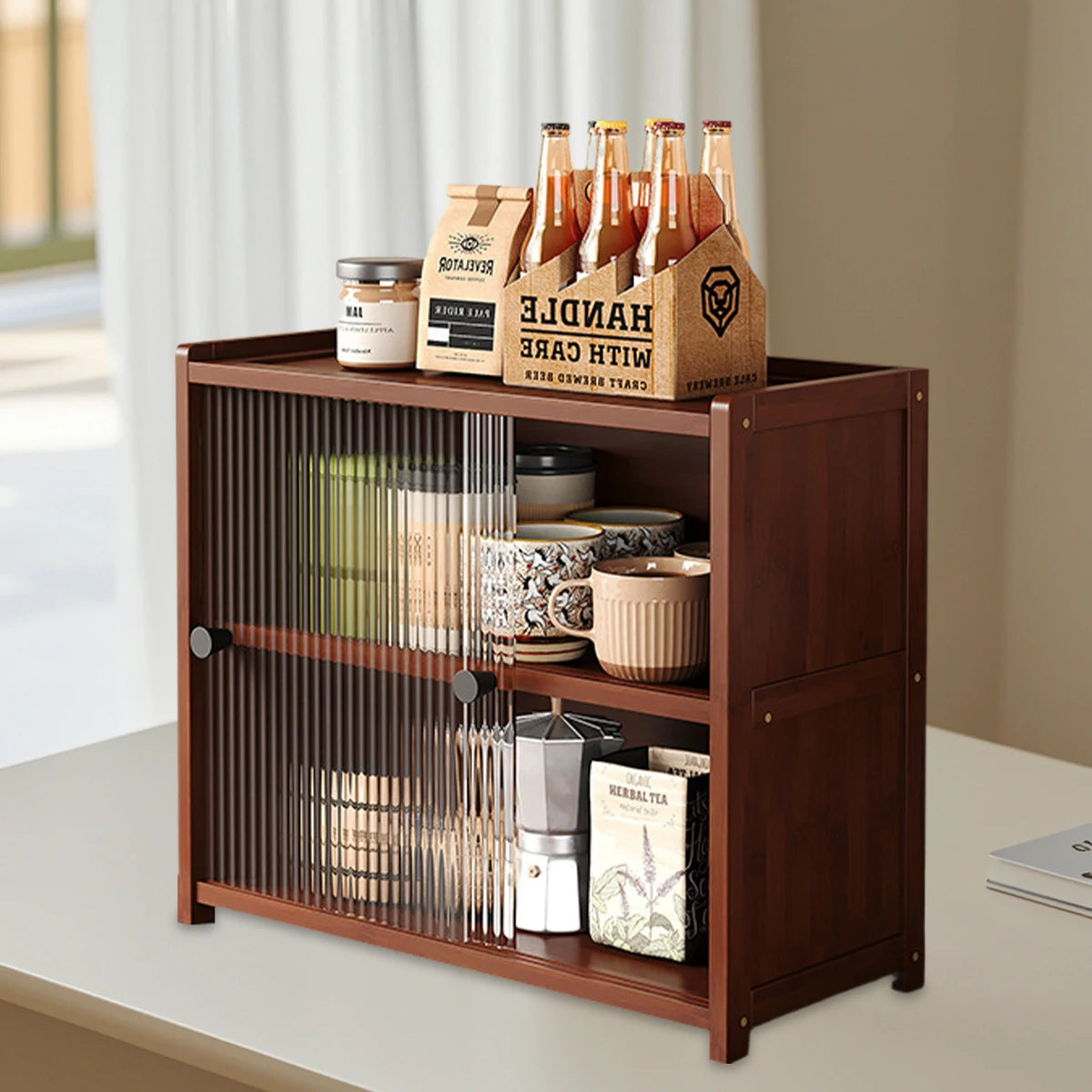 Bamboo Kitchen Cabinet 1/2/3 Layers Acrylic Door, Spice &amp; Bowl Storage