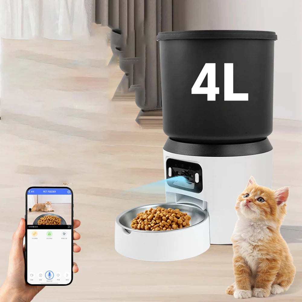 4L Automatic Cat Feeder - Timed pet feeder for cats and dogs, with dry food dispenser, desiccant bag, WIFI control, video remote