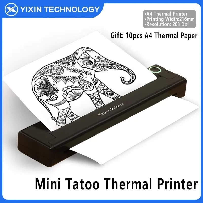 Máy in nhiệt mini in hình voi đen trắng với hoa văn tinh xảo trên giấy A4.