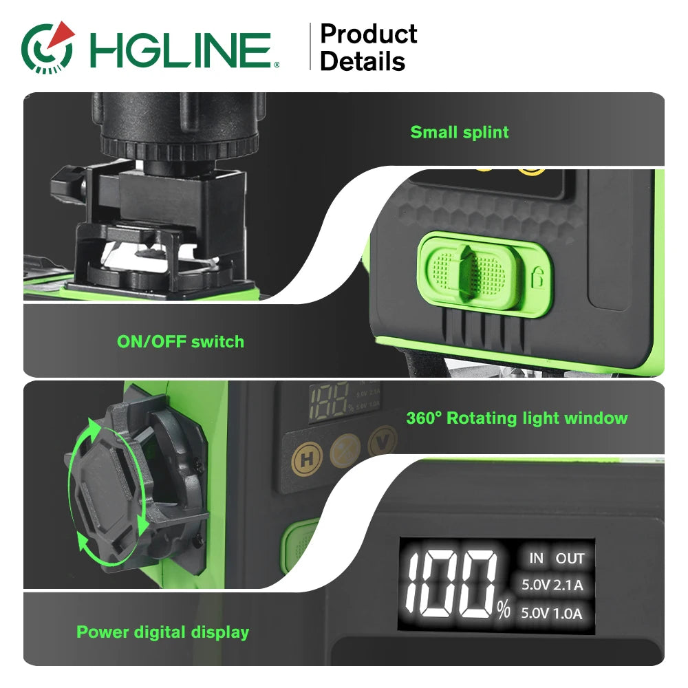 HGLINE 16 Lines 4D Laser Level APP Remote Control Rechargeable Self-leveling 360 Green Line leveling 6000mAh Big Li-ion Battery