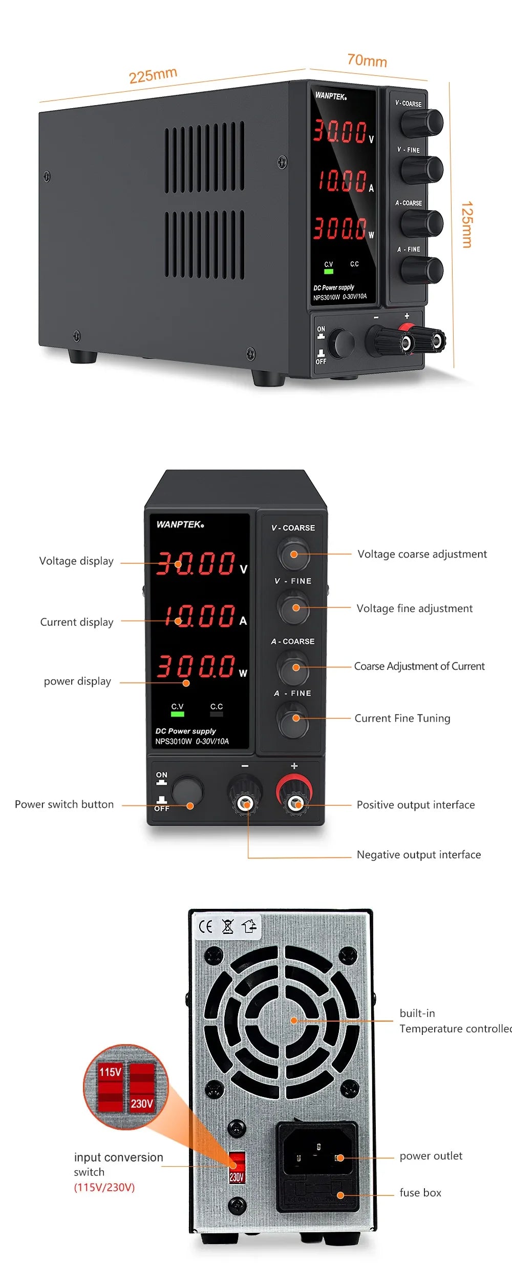 Wanptek DC Power Supply 30V 10A 5A Variable Bench Power Supply Adjustable Lab Power Supply 60V 5A 120V 3A Voltage Regulator