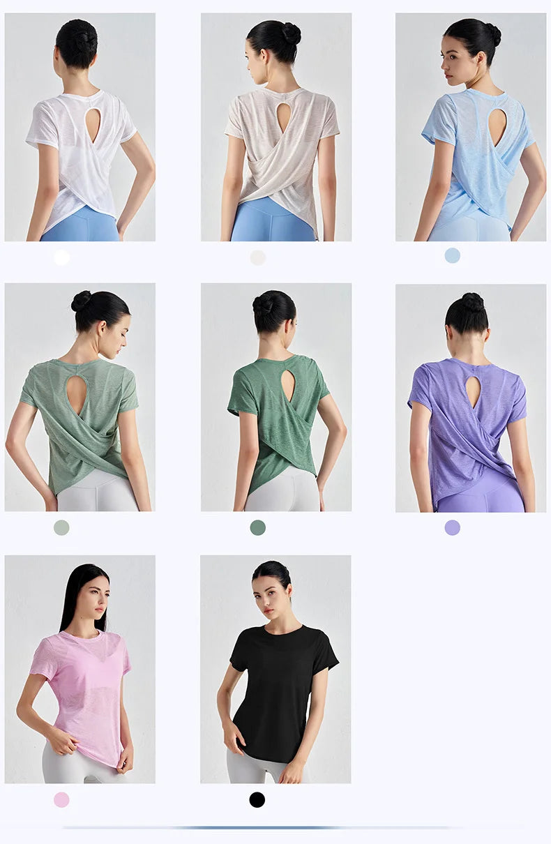 Áo Tập Gym Nữ Nylon Thoáng Mát Lưng Rỗng Ngắn Tay - Daisan Mart