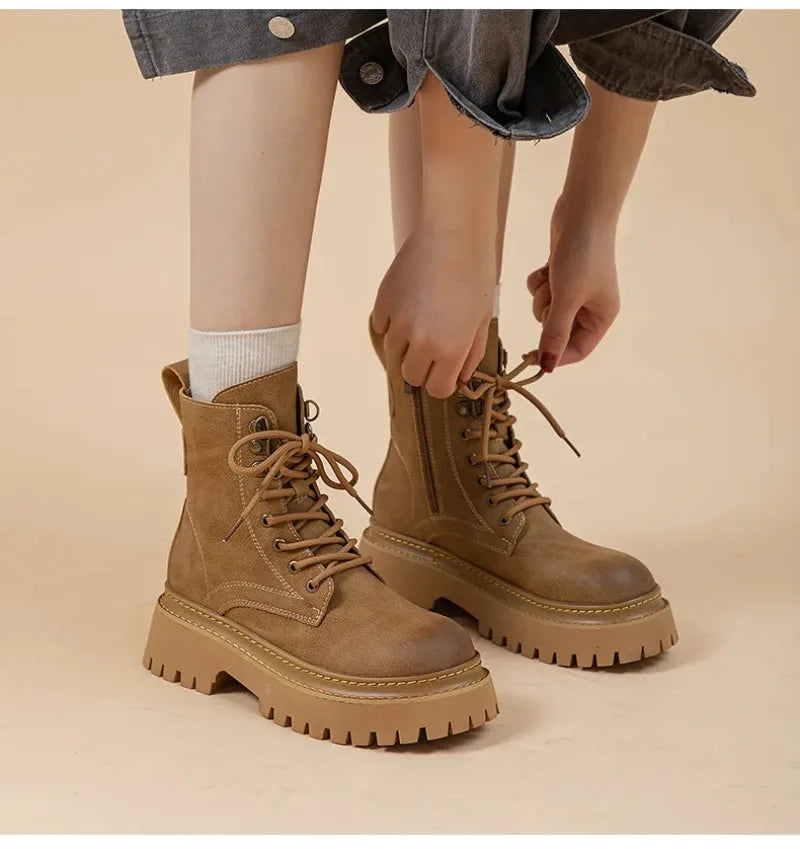 Women's Retro Genuine Leather Shoes - Stylish Rivet Short Boots