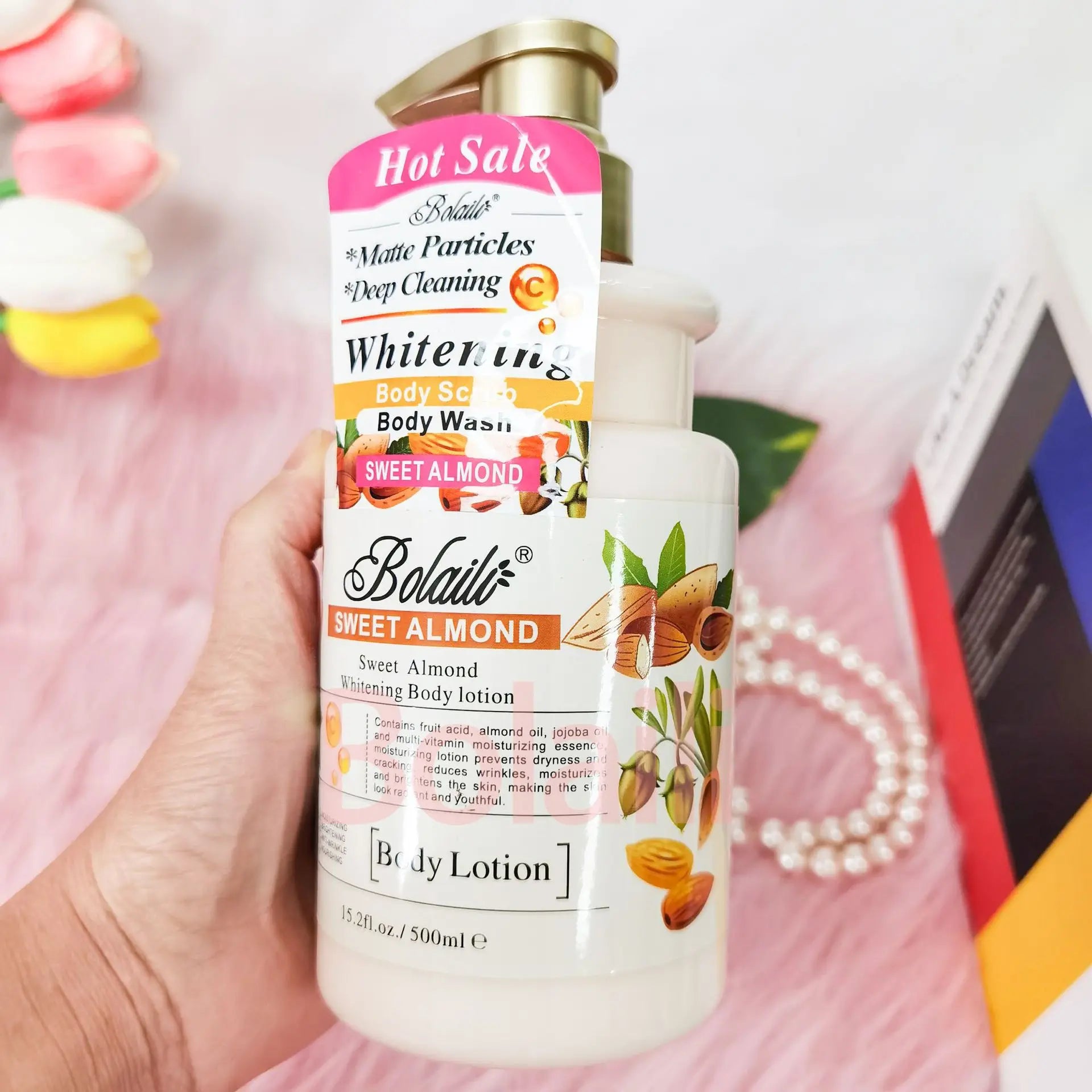 500ml Almond Whitening Body Lotion &amp; Scrub Body Wash Exfoliating Moisturizing Whitening Skin Lightening Increase Skin Radiance