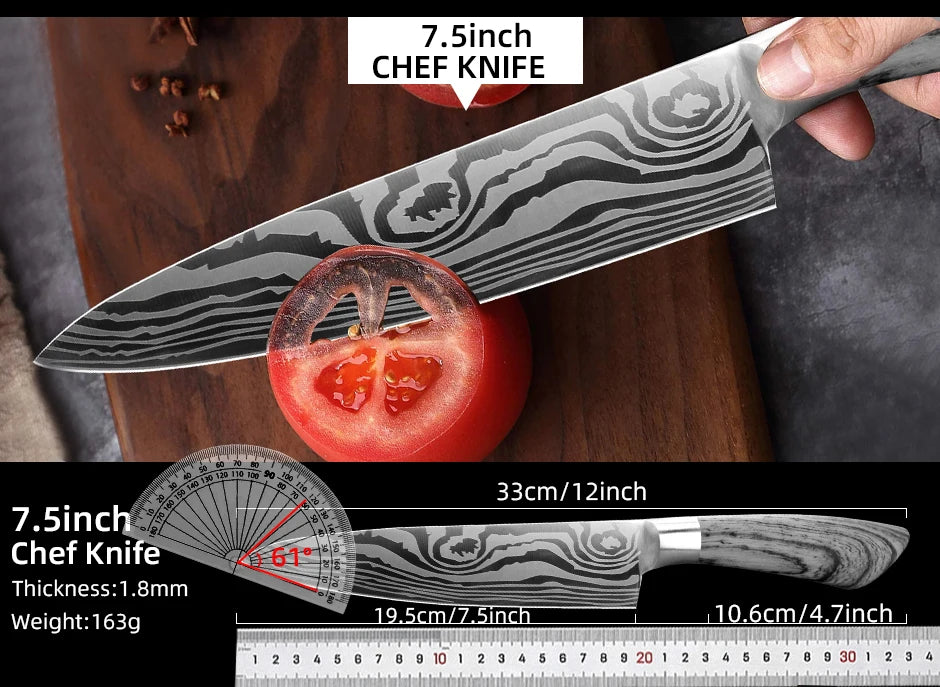 Bộ Dao Bếp Nhật Santoku 7Cr17 440C Vân Damascus
