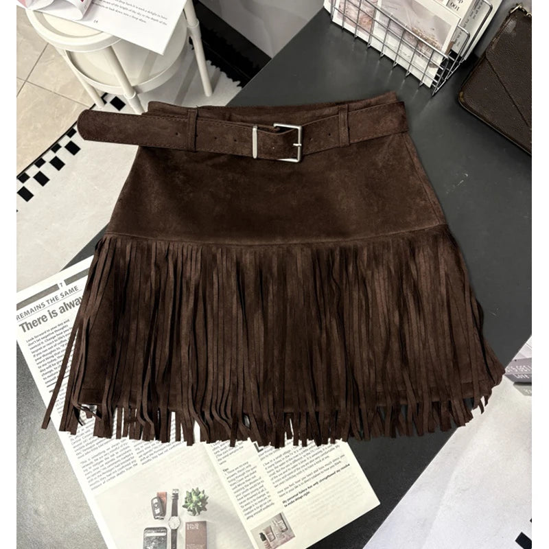 MEXZT Vintage Suede Mini Skirt Women Y2K Tassel Patchwork Black Hip Wrap Skirts Fall Winter Gyaru Streetwear Korean Slim Faldas - Daisan Mart