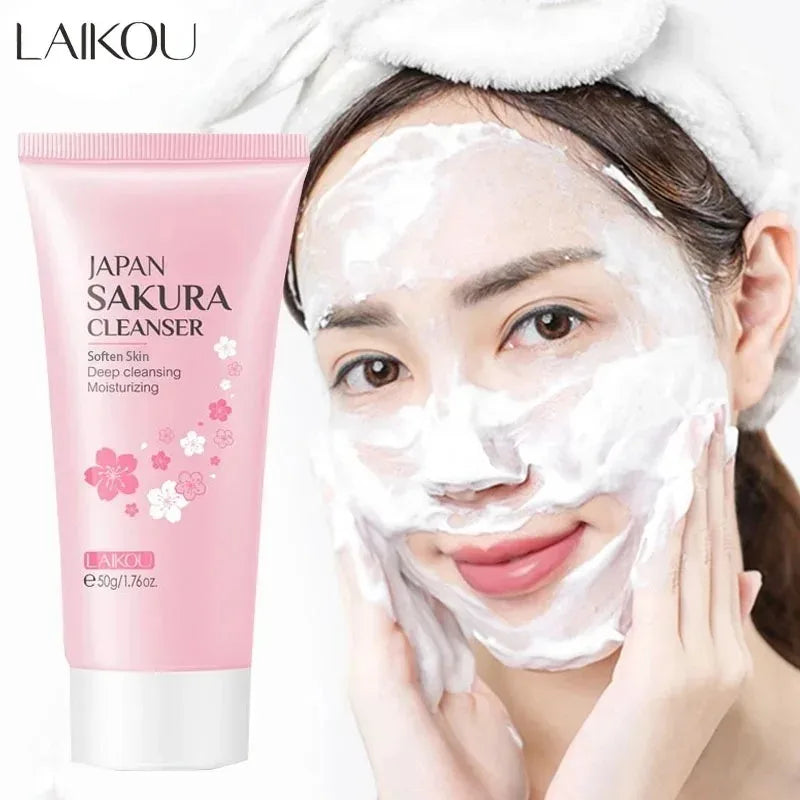 LAIKOU Sakura Facial Cleanser Foam Face Wash Remove Blackhead Moisturizing Shrink Pores Deep Cleaning Oil Control Skin Care 50g