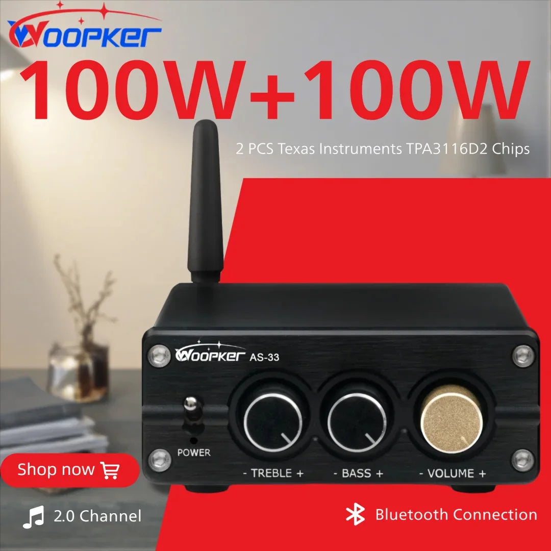 Bộ khuếch đại đen với ăng-ten, chữ đỏ "100W+100W", nút âm lượng, kết nối Bluetooth.