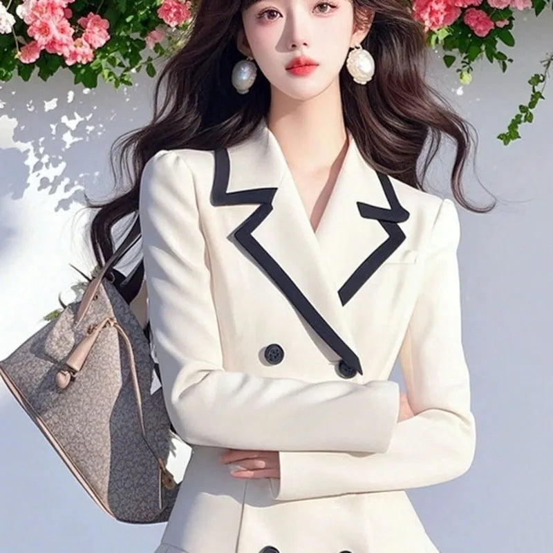 Office Blazer Dress Women Elegant Preppy Style Pleated Blazer Short Dress Fashion double-breasted Lapel Party Evening Dress Y2K - Daisan Mart