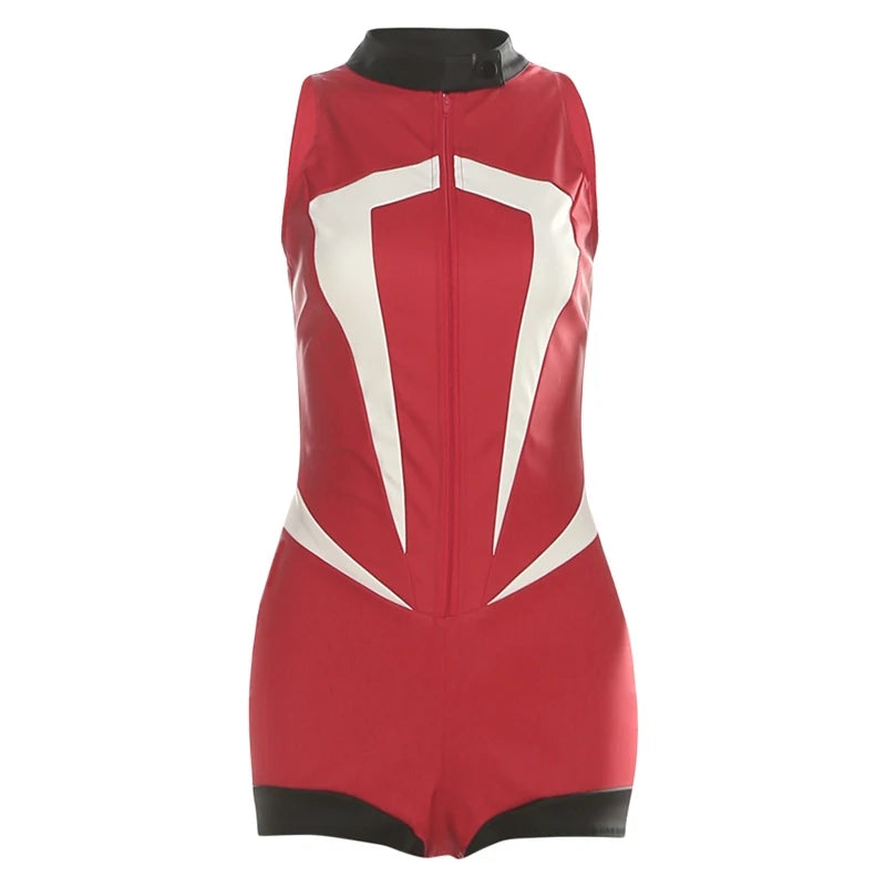 Women's Bodysuit Personality Leather Color-block Zipper Bodycon