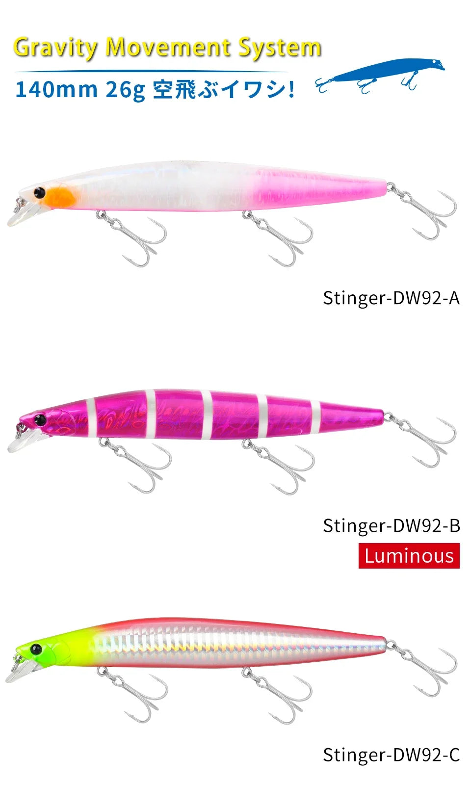 TSURINOYA Stinger 140S Fishing Lure Sinking Minnow DW92 140mm 26g Saltwater Seabass Ultra Long Casting Large Hard Baits Jerkbait