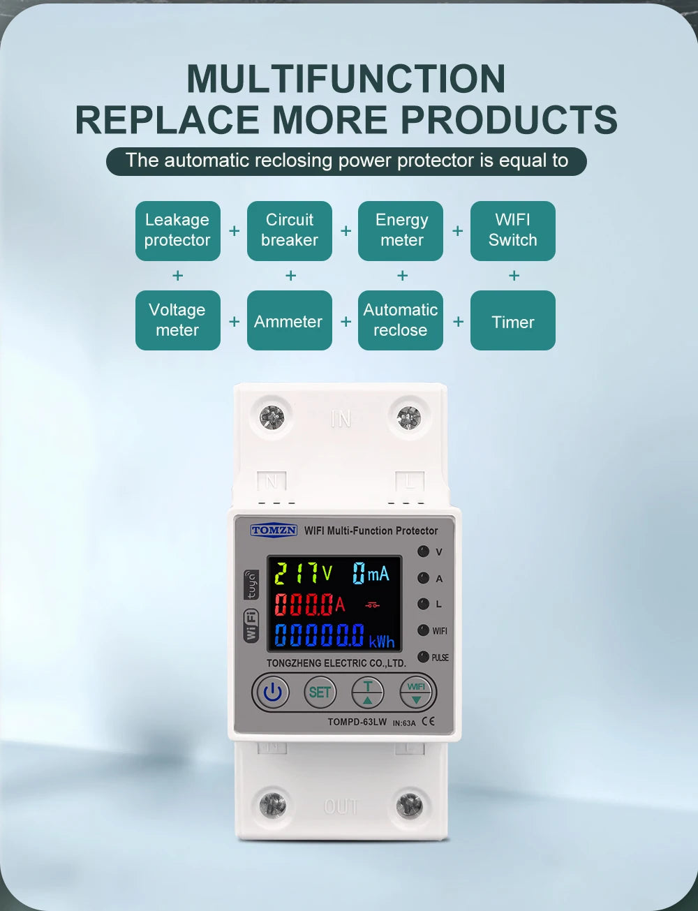 TOMZN 63A WIFI Smart Switch TUYA Energy Meter Kwh Metering Circuit Breaker Timer with voltage current and leakage protection