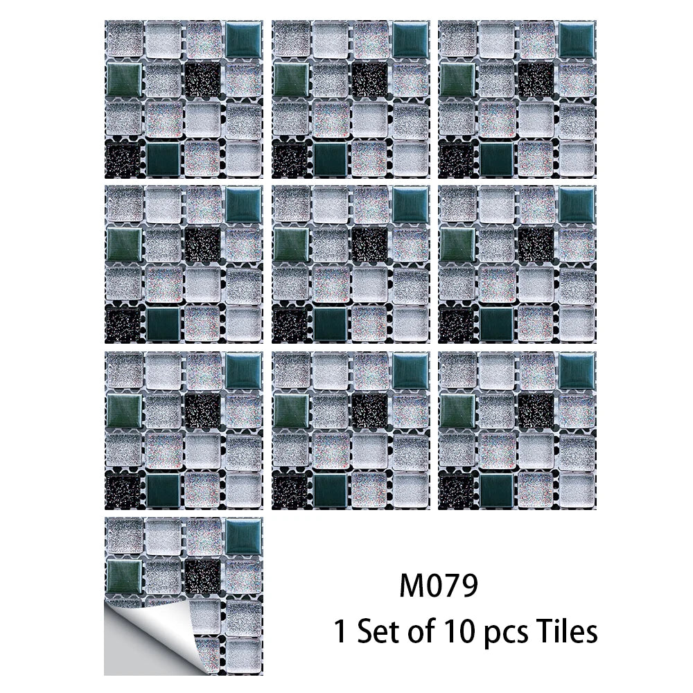 10pcs Flat Mosaic Style Tiles Sticker Kitchen Bathroom Waterproof &amp; Oilproof Art Wall Sticker Peel &amp; Stick Surface Glossy Film
