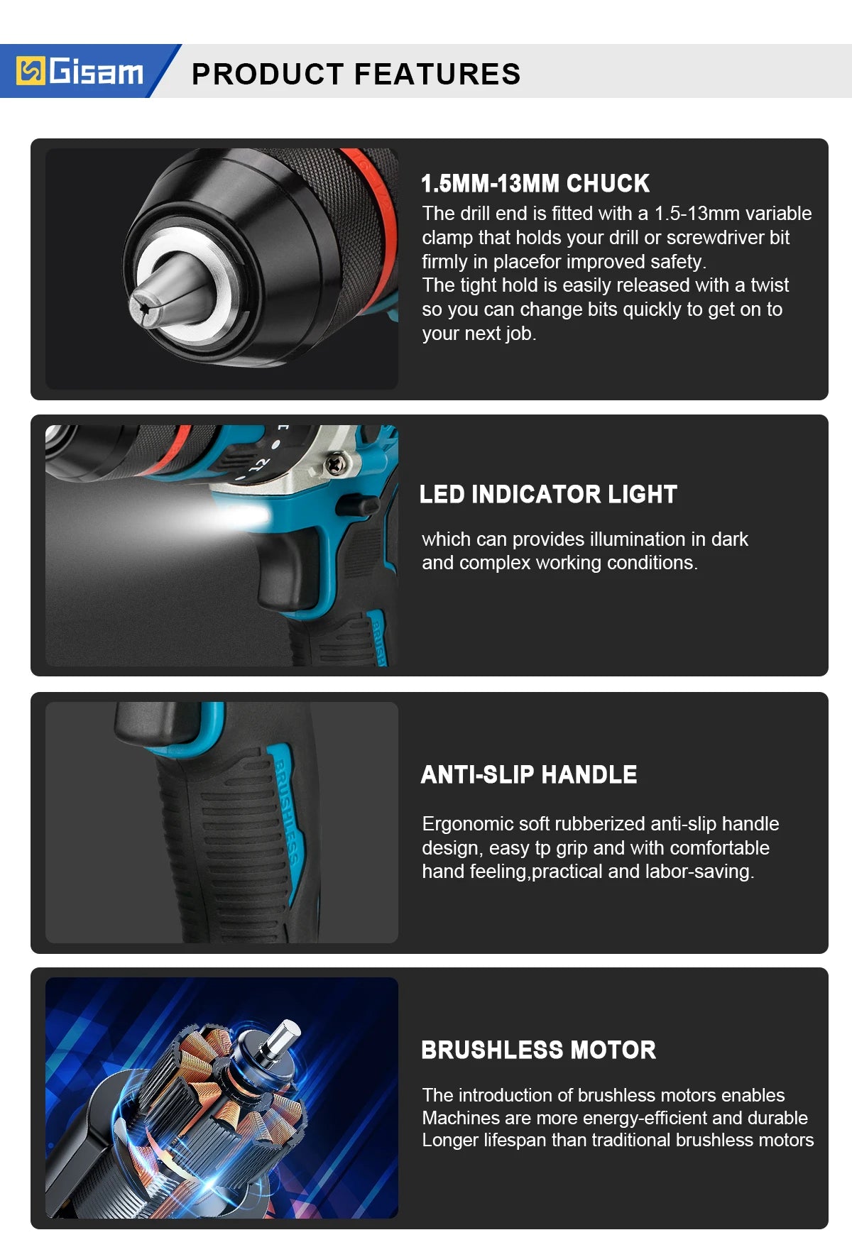 Brushless Electric Impact Drill Ice Breaking Fishing Cordless Screwdriver Rechargeable Battery Hand Drill Power Tools 13MM 480NM