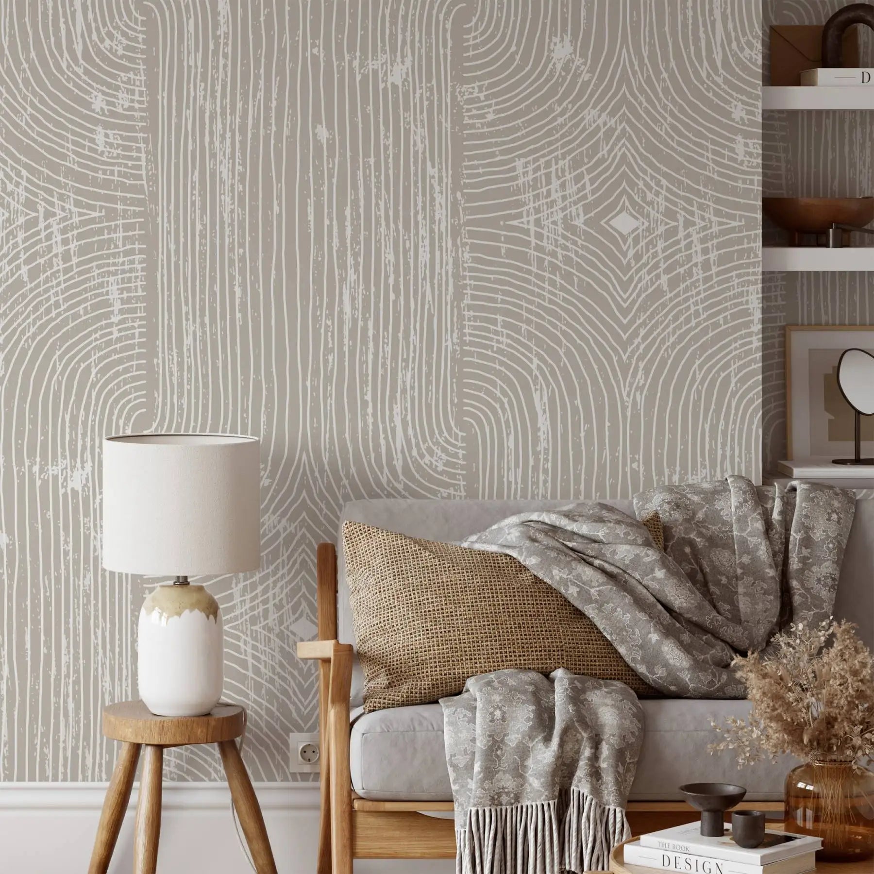 Boho Dark Grey Peel and Stick Wallpaper Geometric Arches Contact Paper Removable Wall Paper for Kitchen Walls Cabinet Drawer