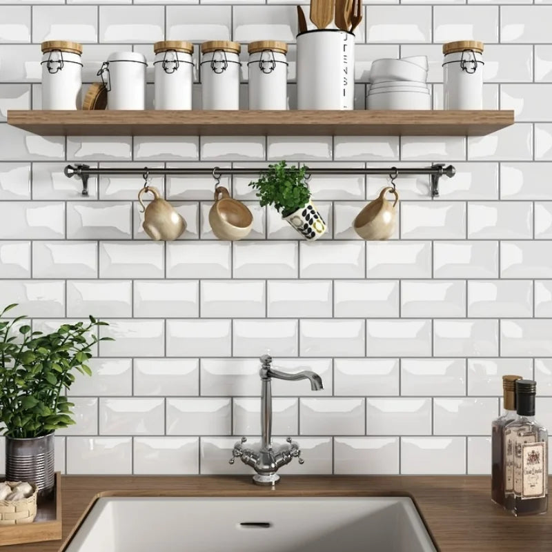 1/4/8 Sheets 3D Faux Tile Wall Sticker White Self Adhesive Tiles Waterproof Wallpaper Backsplash for Kitchen Living Room Decor