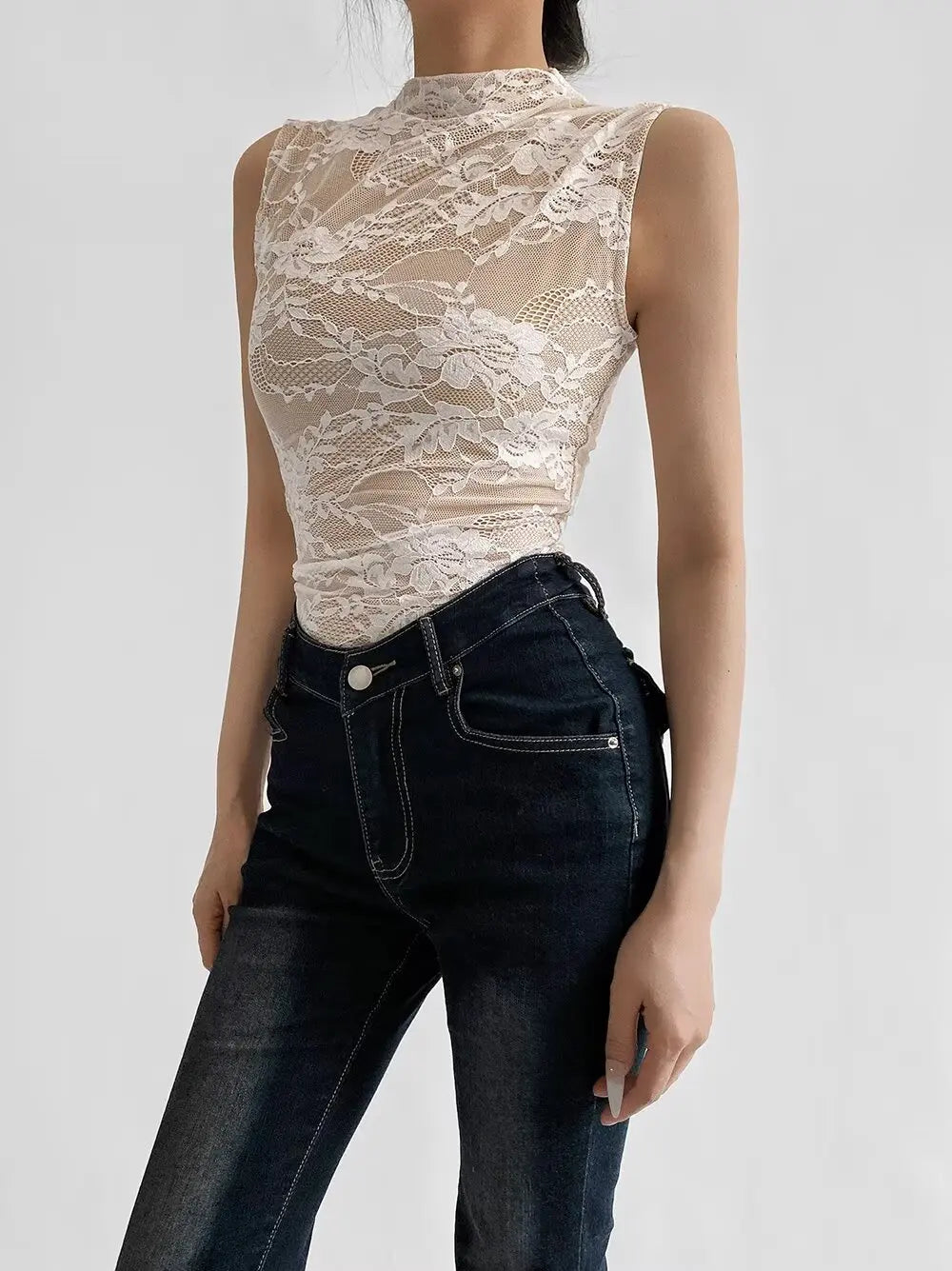 Fall 2025 color-blocked lace bodysuit, high neck, sleeveless, sexy