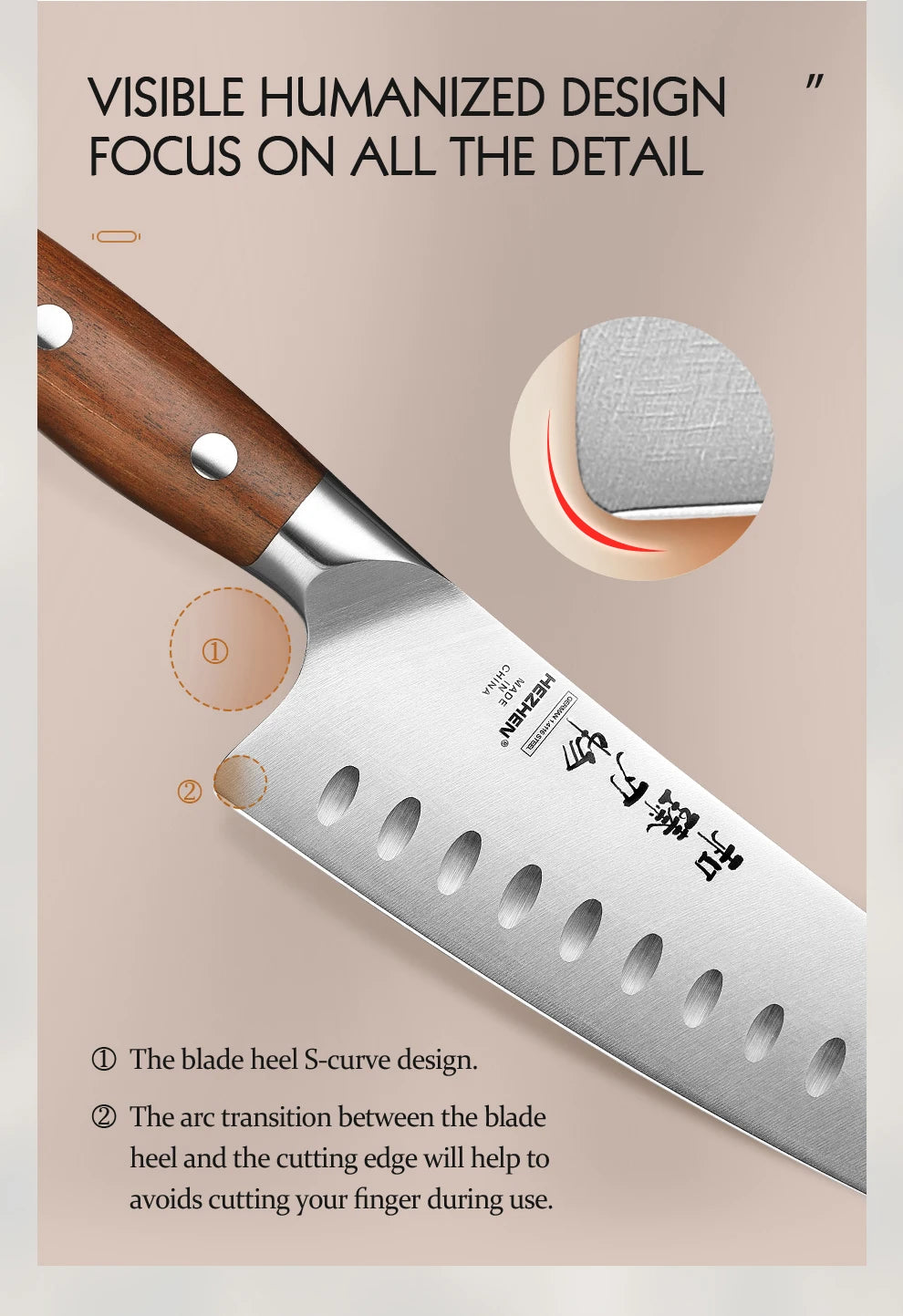 HEZHEN Kitchen Knife 8.1 Inch Steel Blade Red Wood Handle