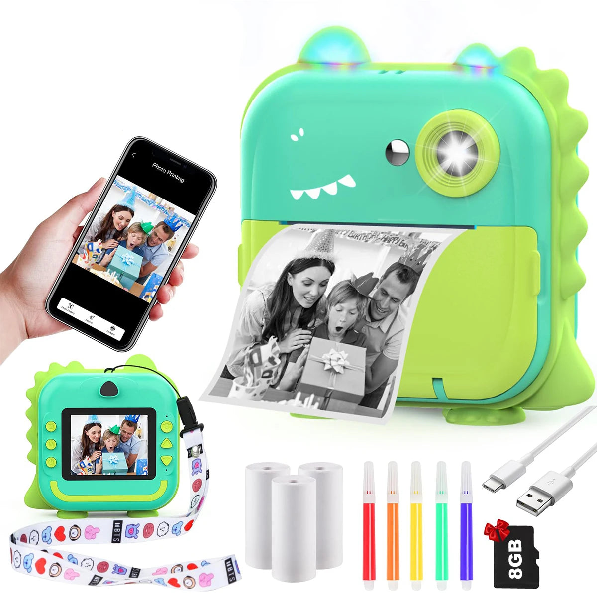 Instant Print Camera for Kids Inkless Sticker Printer for Girls Boys Age 3-12 gift HD Digital Video Cameras Mini Thermal Printer