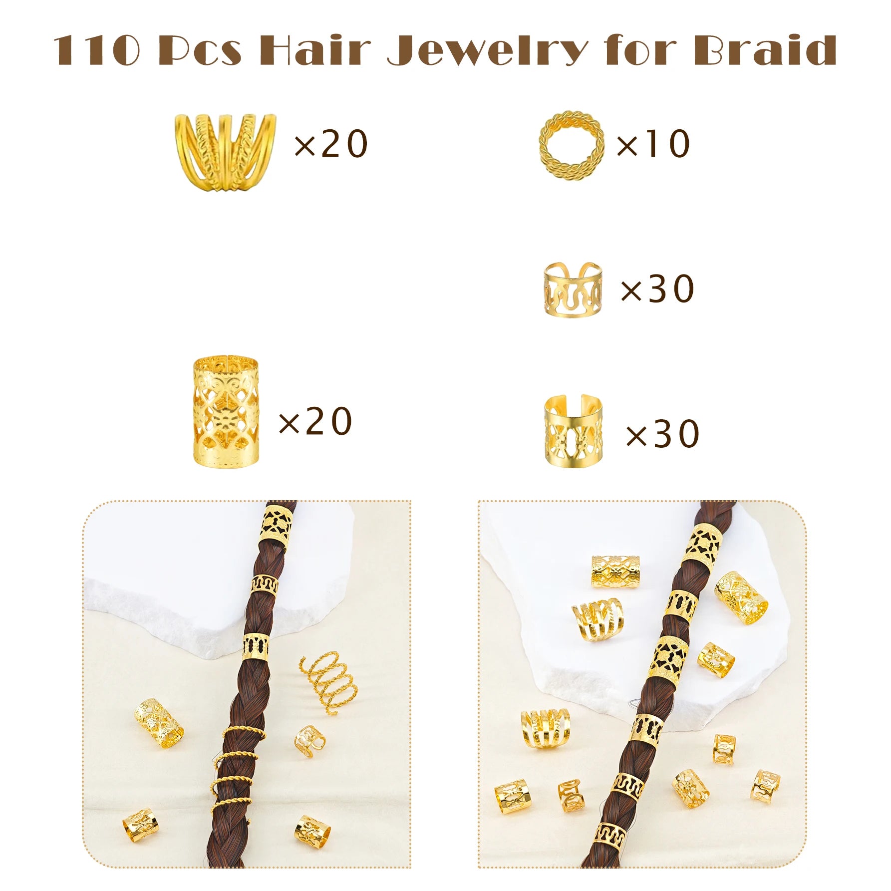110 Piece Golden Hair Jewelry Set for Tet &amp; Dreadlocks