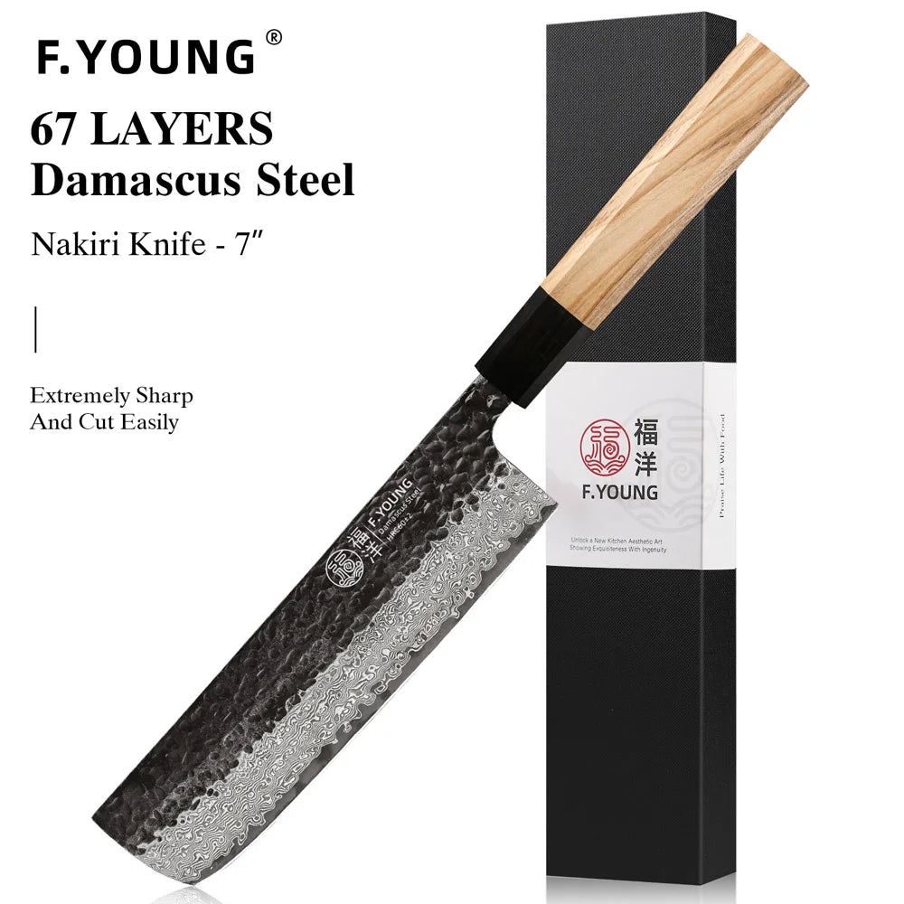 Dao Bếp Nhật F.YOUNG Rèn Tay Thép Damascus Cao Cấp