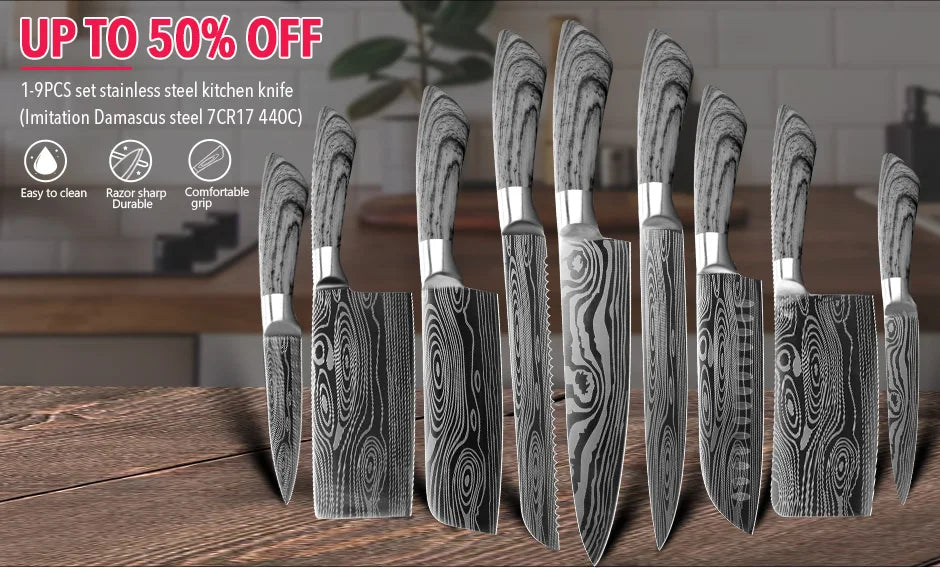 Japanese Santoku Kitchen Knife Set 7Cr17 440C Damascus Pattern