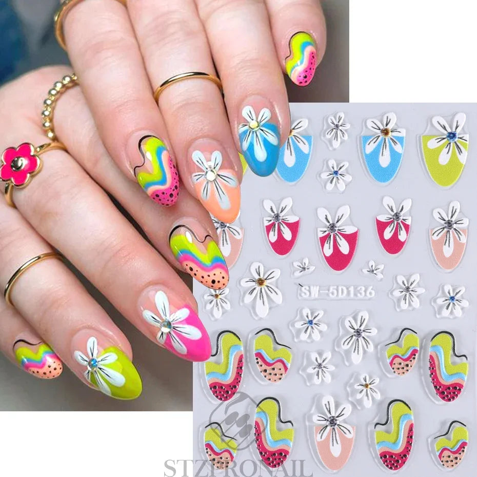 5D Colorful Daisy Flower Nail Art Sticker Lace Heart Spring Hollow Petals Boho Style French Engraved Slider Manicure Decorations - Daisan Mart