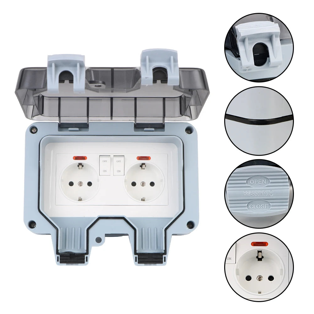 IP66 Outdoor Double Socket With USB, 16A Switch