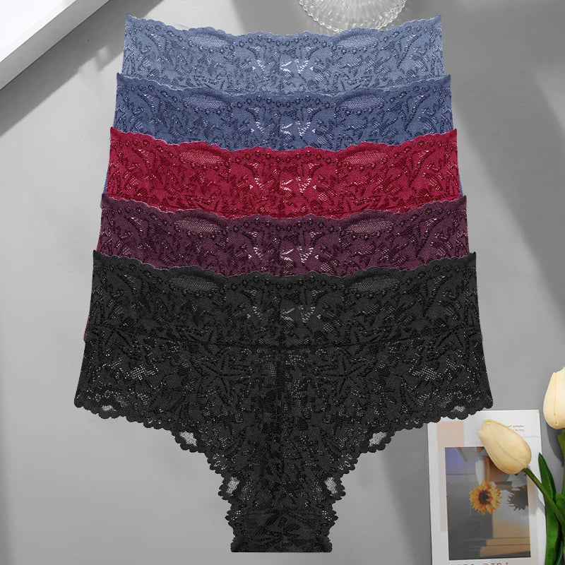 5PCS Women's Sexy Lace Star High Waist Thongs Solid Color Hollow Out Transparents Underwear Female Perspective G-strings S-XXL