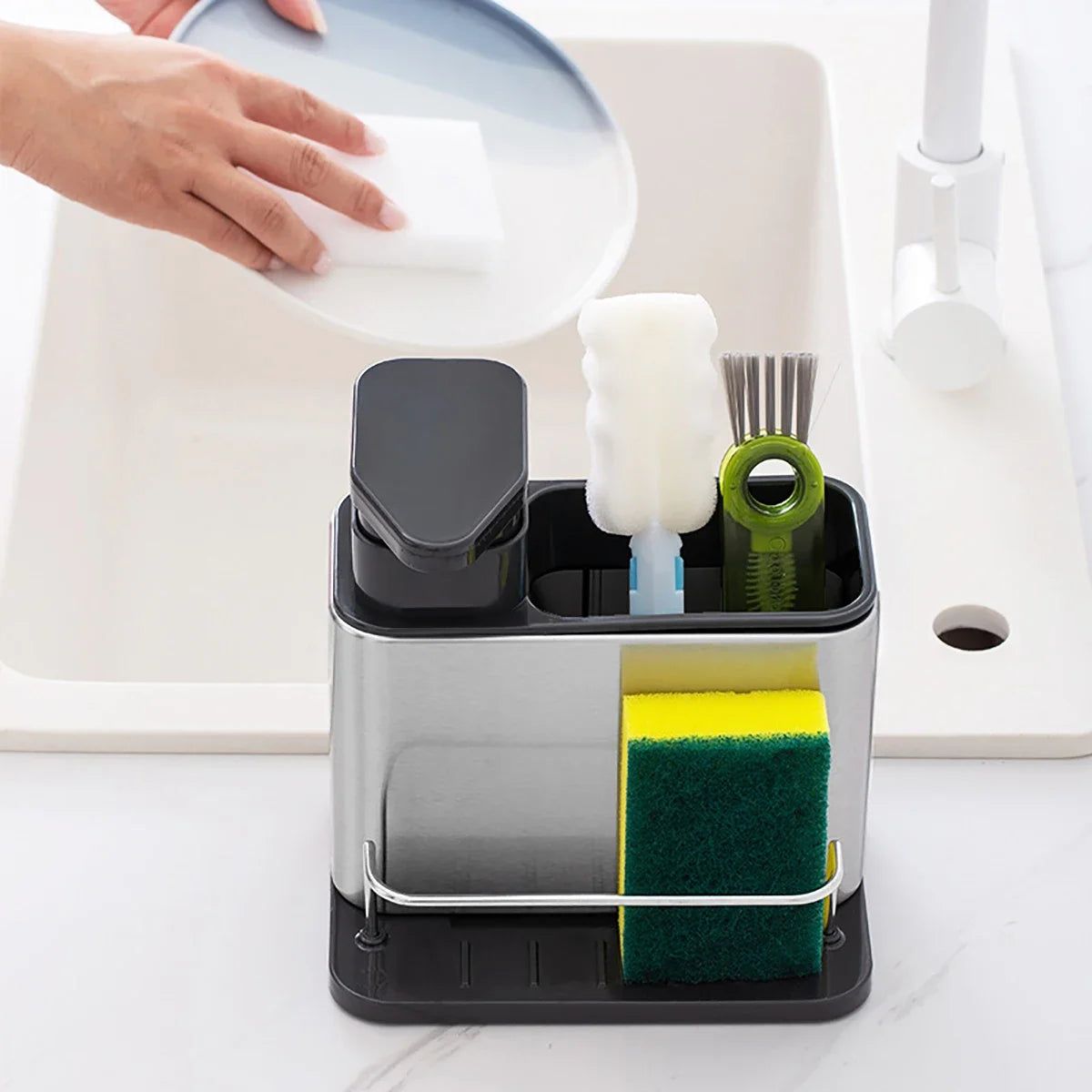 3-in-1 Stainless Steel Dishwashing Liquid Rack, Compact and Convenient for the Kitchen
