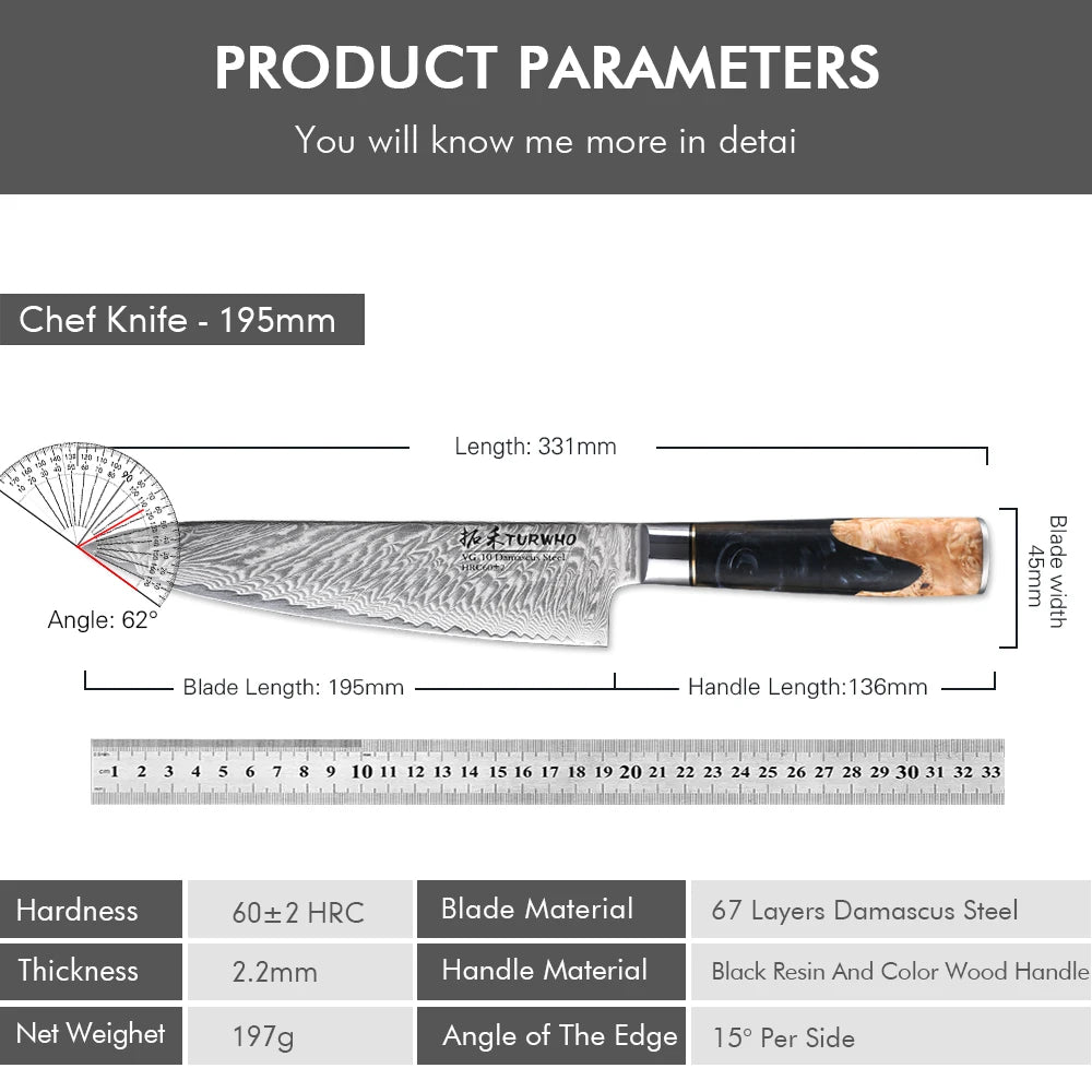 TURWHO 8 Inch Chef Knife Gyuto Knife Japanese Style VG10 Core Damascus Kitchen Knives Stainless Steel Butcher Knife Resin Handle - Daisan Mart