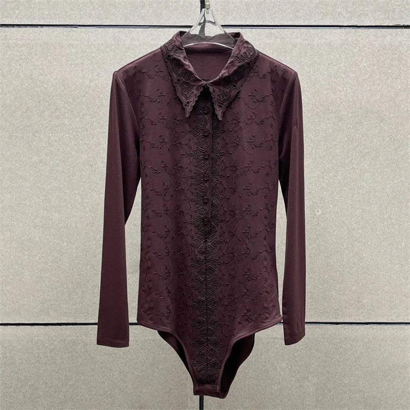 Women's bodysuit New elastic slim fit lapel long sleeved top for autumn 2025 floral embroidery women's corset y2k women's bodys