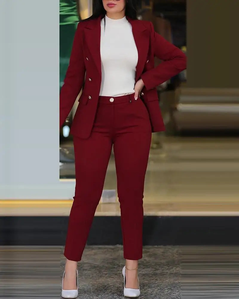 Office Lady Elegant Solid Two Piece Sets New Autumn Winter Women Fashion Lapel Long Sleeve Blazer & High Waist Work Pants Suit - Daisan Mart